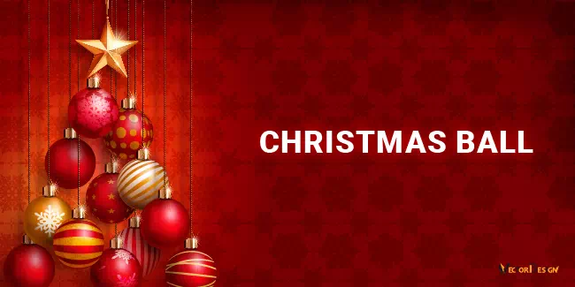Red banner with Christmas ornaments arranged as a tree