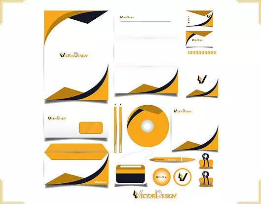 Matching cards, folders and promotional items laid out in one style