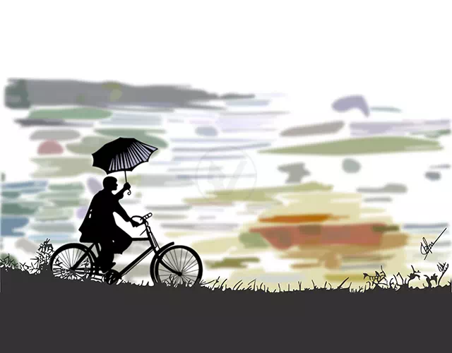 Child cyclist redrawn as a crisp vector silhouette scene