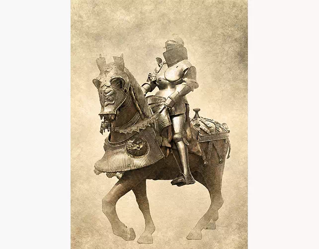Faded, yellowed print of a knight statue on horseback before restoration