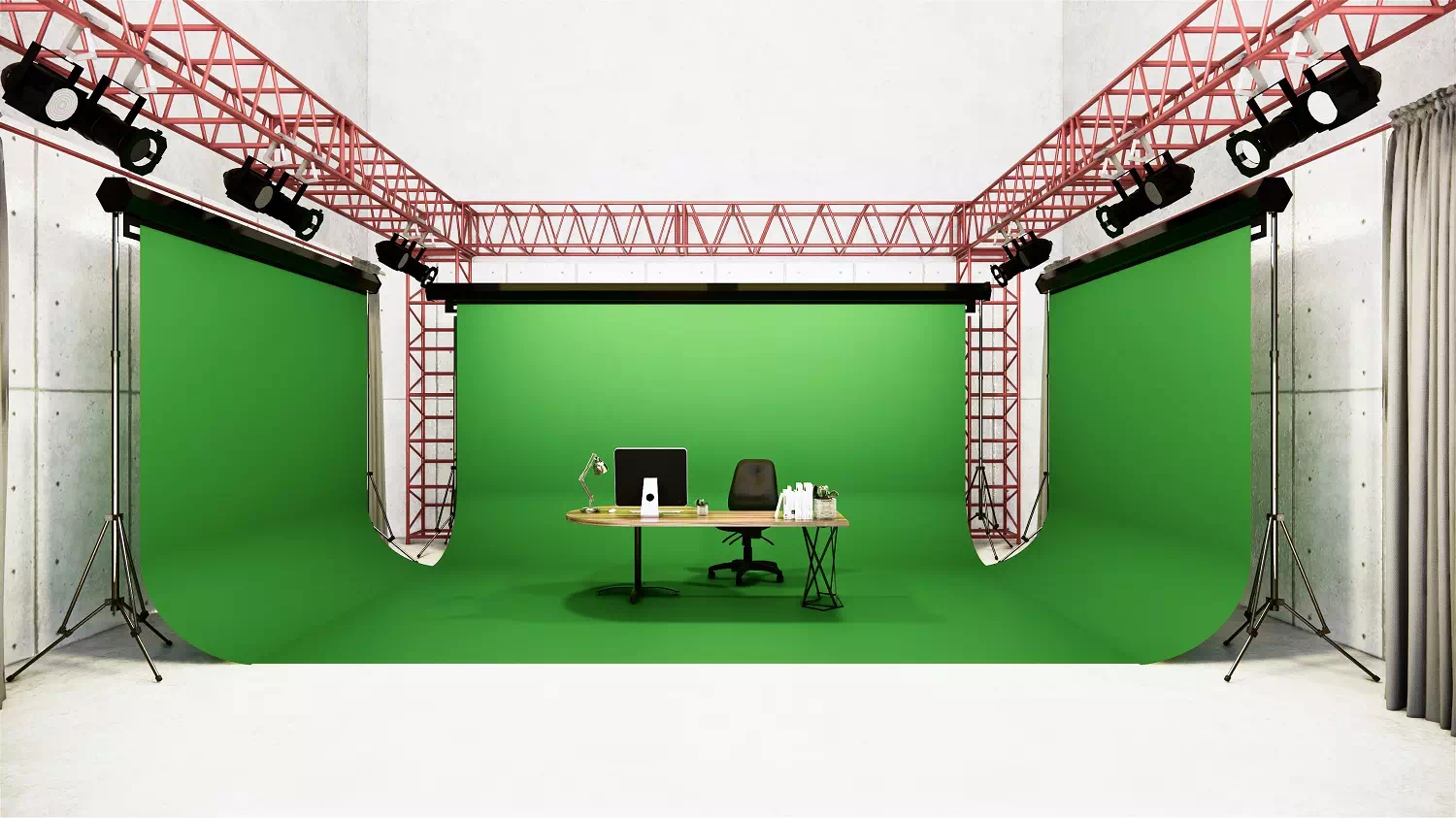 Green screen studio set ready for chroma key editing