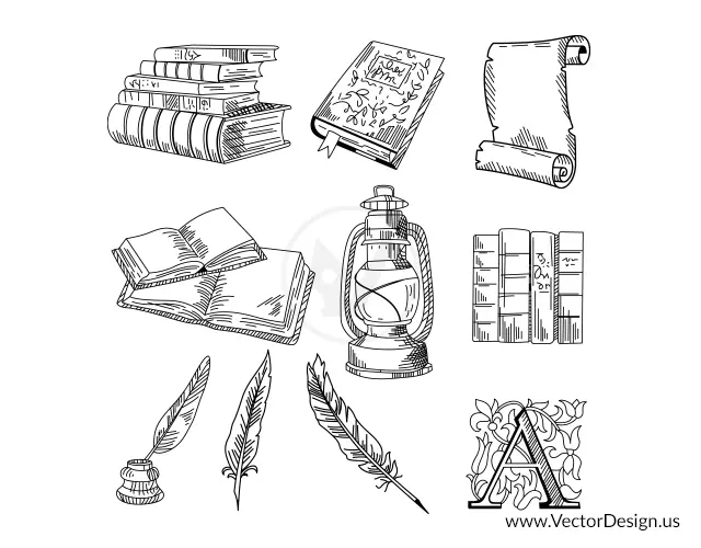 Same vintage illustrations redrawn as crisp vector line art