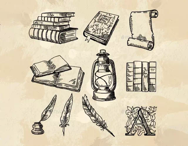 Antique-style books, scroll and lantern drawn on aged paper