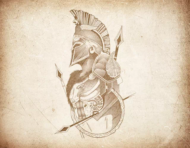 Warrior illustration on stained, discolored paper