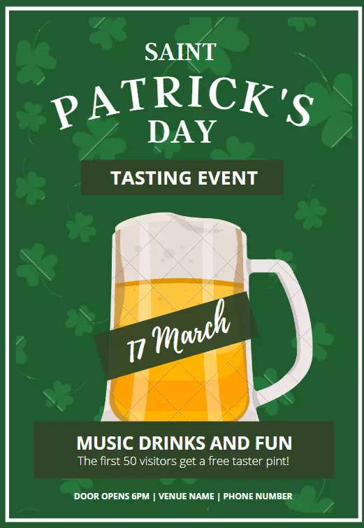 Green event poster with an illustrated drink and date