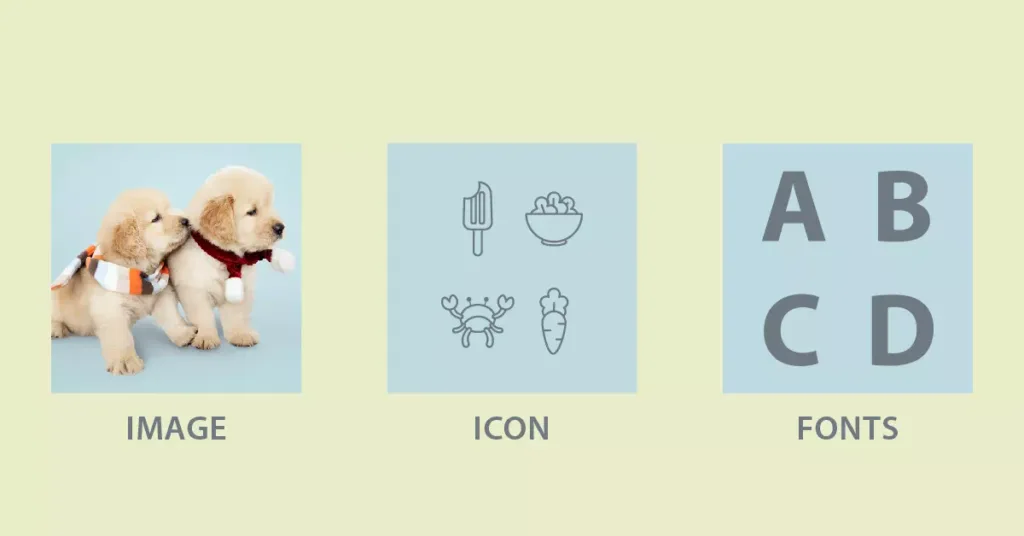 Diagram comparing an image, an icon and a font
