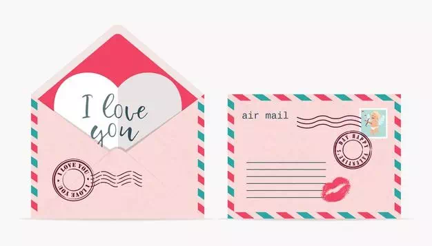 Pink airmail-style card and envelope with stamp and postmark artwork