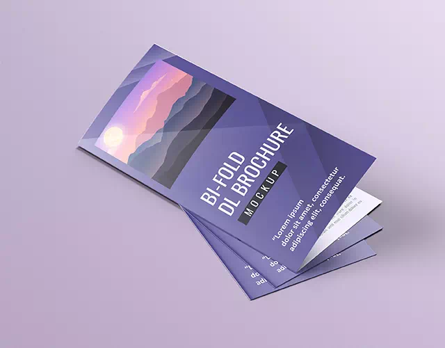 Purple bi-fold brochure shown open and closed