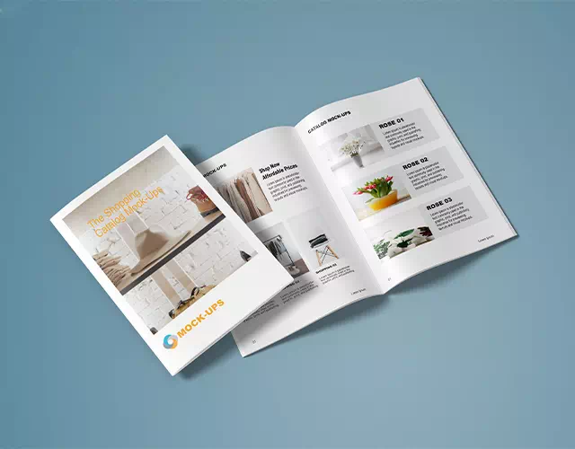 Open multi-page product booklet with photos and text columns