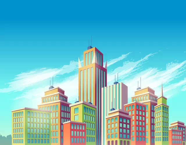 City buildings redrawn as full-color vector art