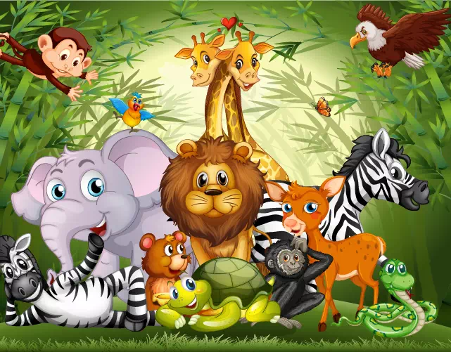 Colorful cartoon illustration of jungle animals