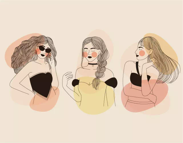 Black line art illustration of three women