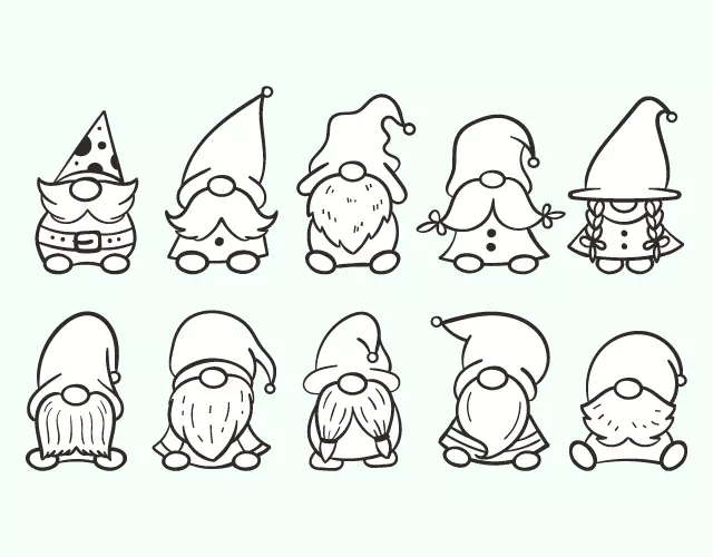 Mascot line drawings of several gnome characters