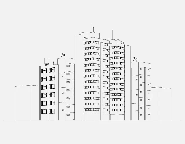Apartment building redrawn as vector line art