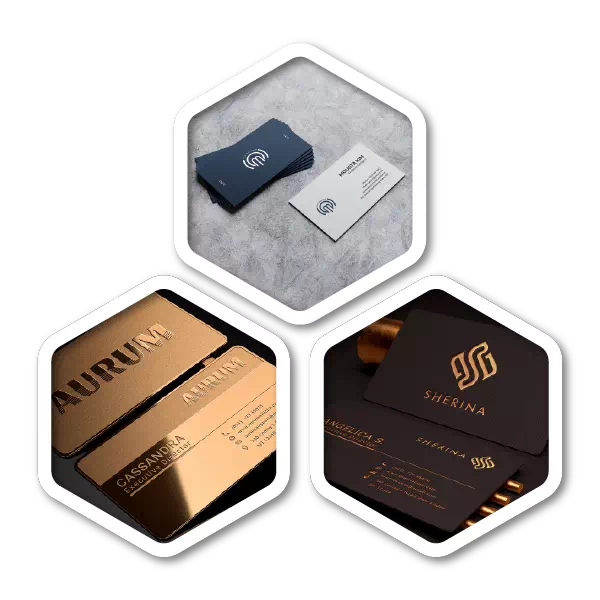 Three business card mockups on dark, gold and grey stock