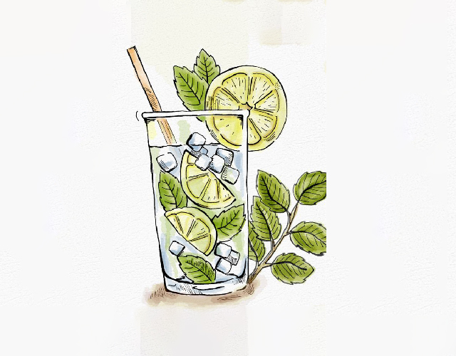 Watercolor illustration of a lime drink with mint leaves