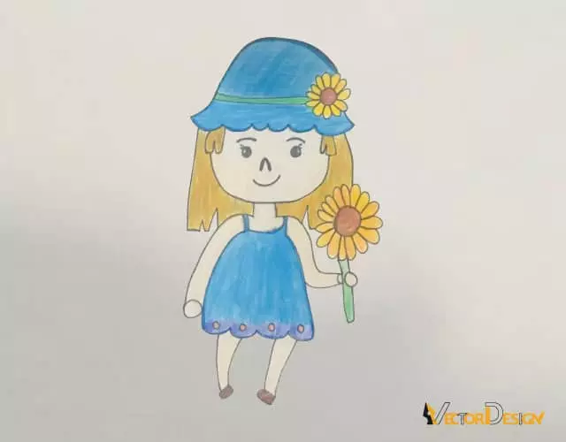 Child's marker drawing of a girl in a blue hat holding a sunflower