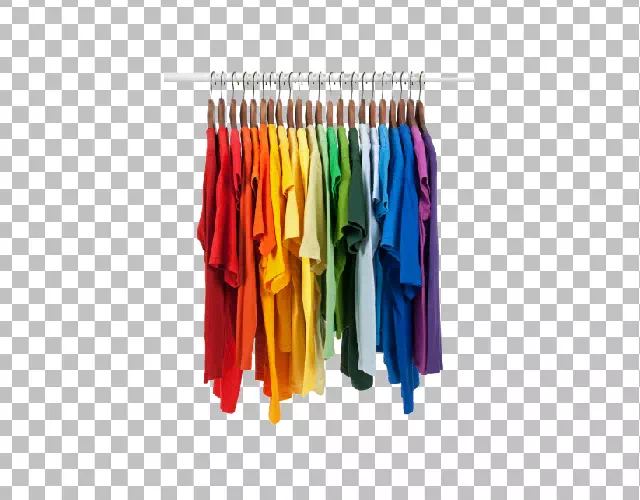 Row of colorful shirts on hangers cut out on a transparent background