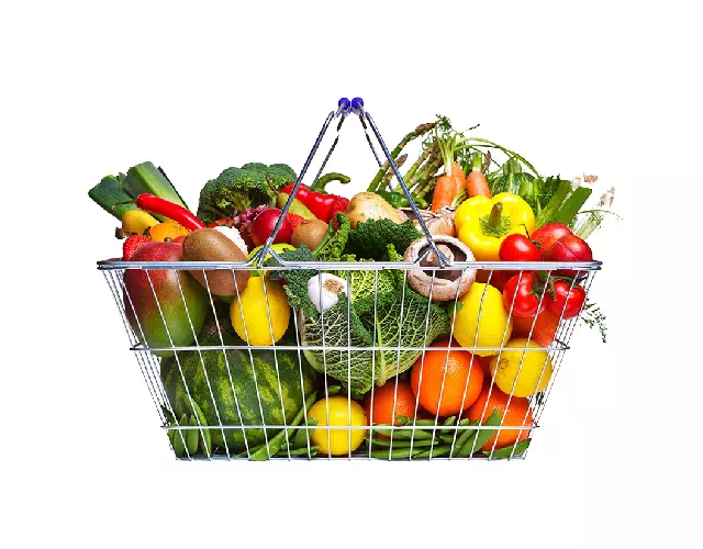 Basket of vegetables edited onto a pure white background