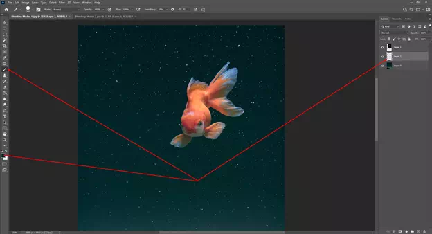 Take a new layer between the two layers and remove the lighter stars