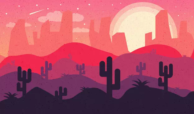 Combines texture-saturated layers with gradients and solid-color layers