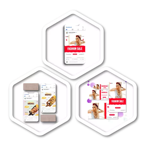 Facebook post designs shown on three phone mockups