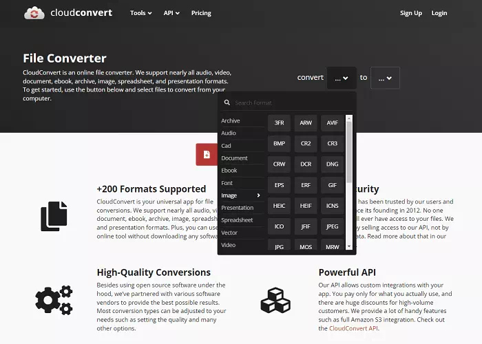 CloudConvert Screenshot open EPS file in CloudConvert