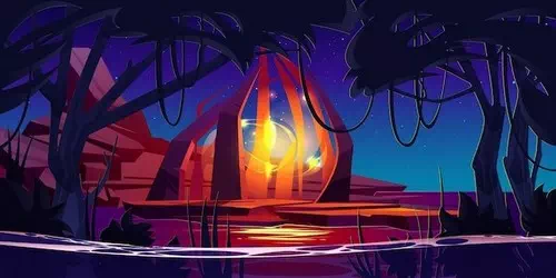 Free vector magic portal in tropical forest on stone platform Free vector magic portal in tropical forest on stone platform