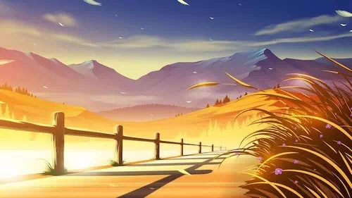 Vector illustration of a lakeside walkway with beautiful mountain scenery Vector illustration of a lakeside walkway with beautiful mountain scenery