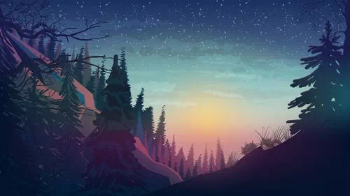 Vector sunset in the mountains with pine forest Vector sunset in the mountains with pine forest