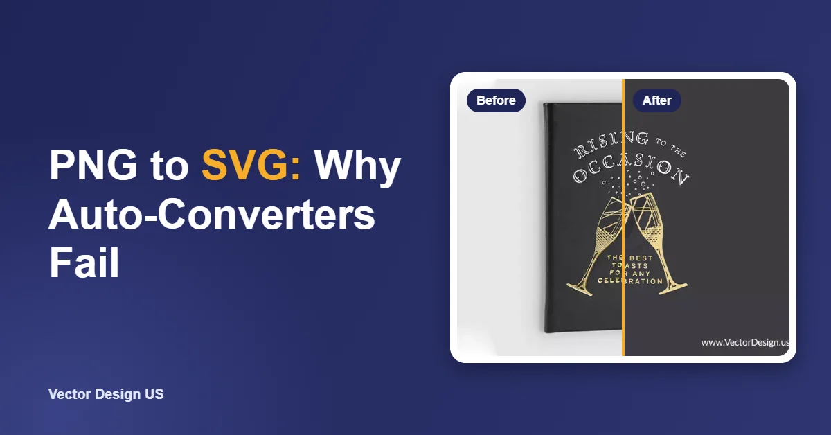 PNG to SVG troubleshooting guide banner with a photographed book cover before and the clean vector artwork after