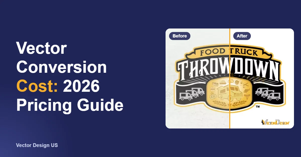 Vector conversion cost guide banner with a low-resolution logo before and the clean hand-drawn vector logo after